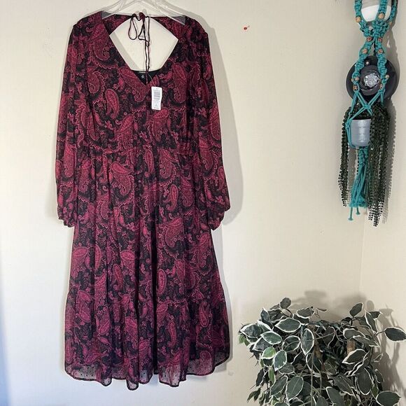 Torrid Tea Length Clip Dot Open Back A-Line Dress Tiered Paisley 2X New - Picture 1 of 8
